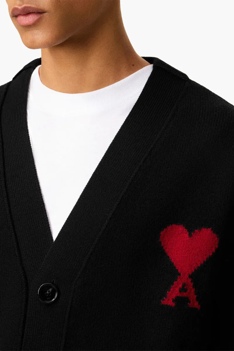 AMI De Coeur Cardigan in Black/Red Felted Merino Wool Knit 3