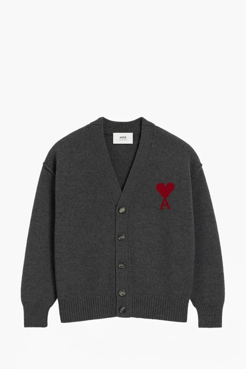 AMI De Coeur Cardigan in Grey/Red Felted Merino Wool Knit 0