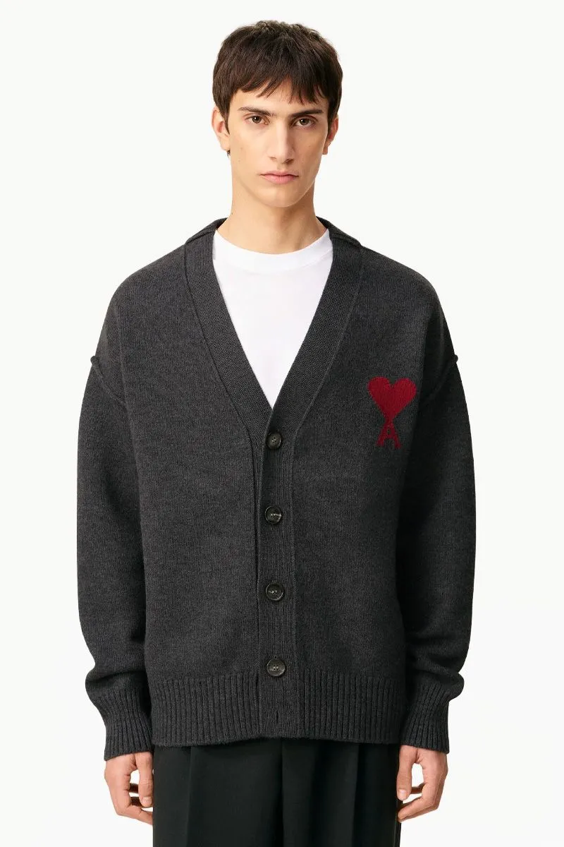 AMI De Coeur Cardigan in Grey/Red Felted Merino Wool Knit 1