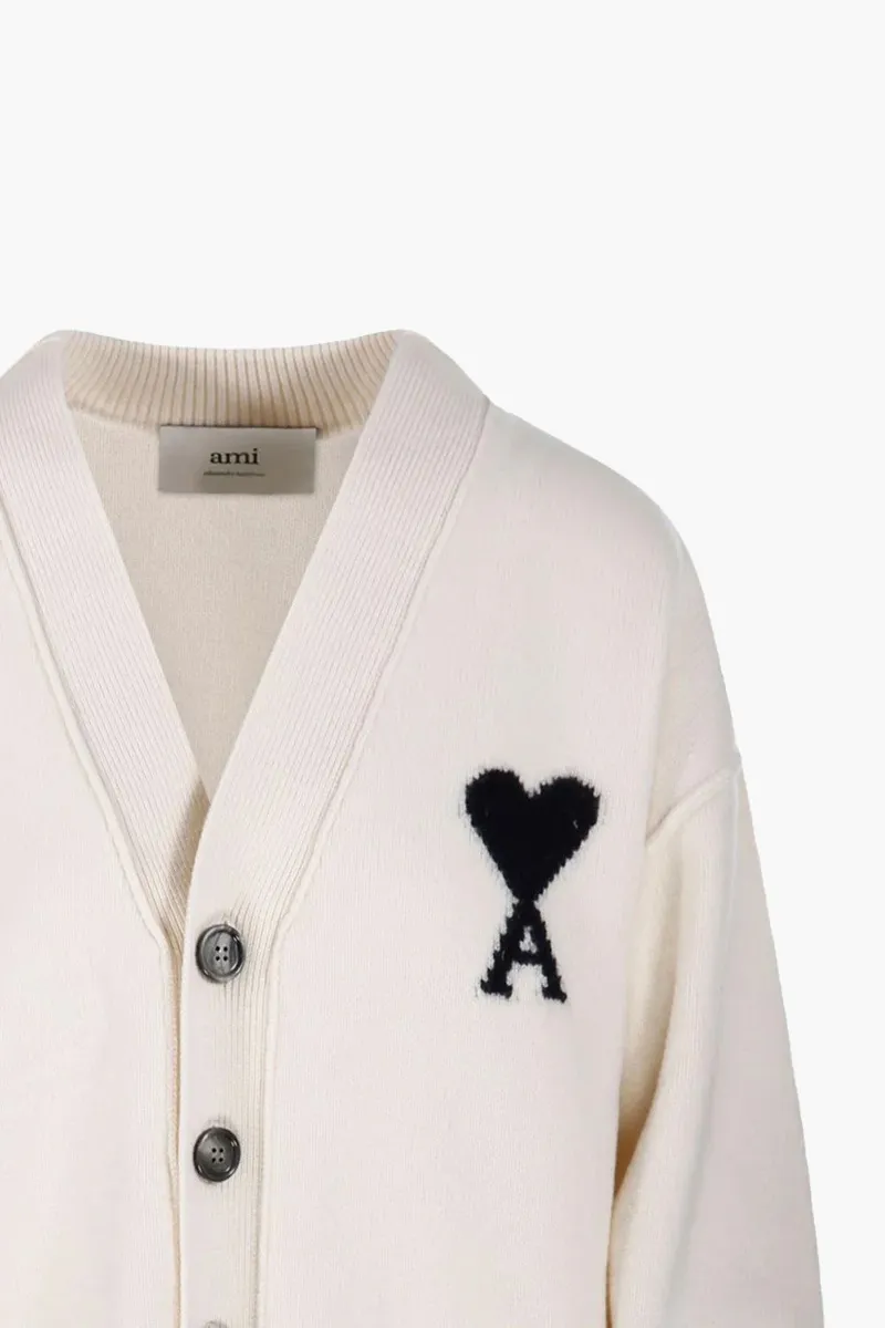 AMI De Coeur Cardigan in Ecru/Black Felted Merino Wool Knit 2