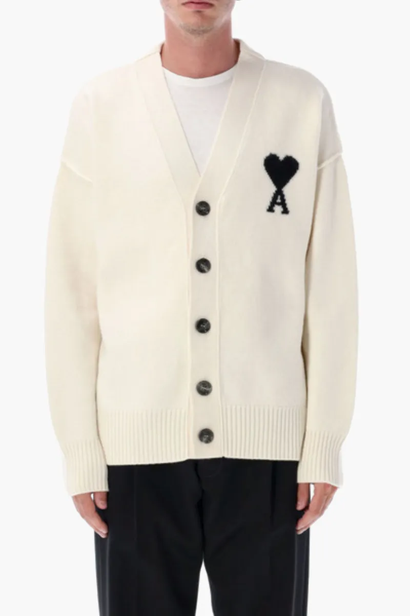 AMI De Coeur Cardigan in Ecru/Black Felted Merino Wool Knit 3