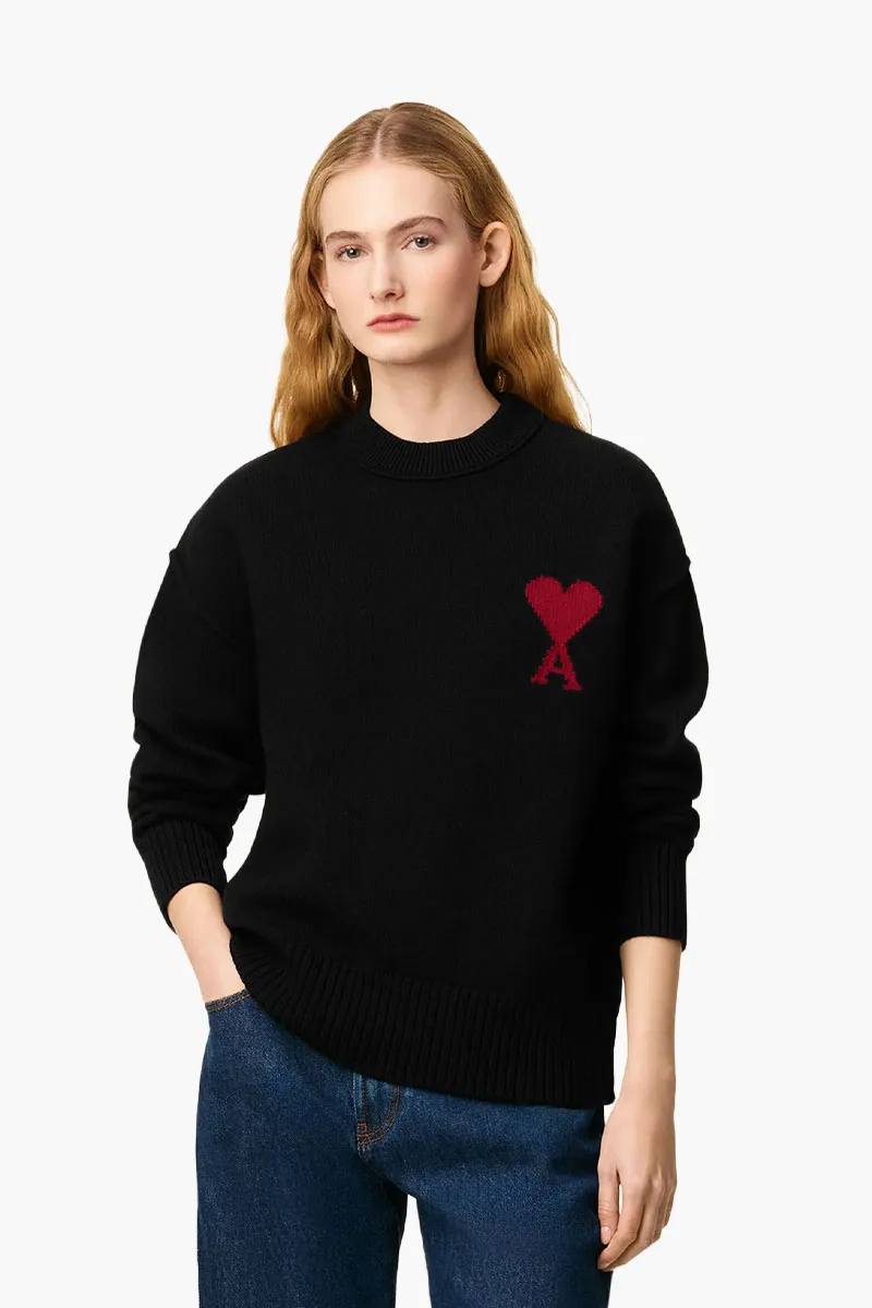 AMI Unisex De Coeur Sweater in Black/Red Wool 1