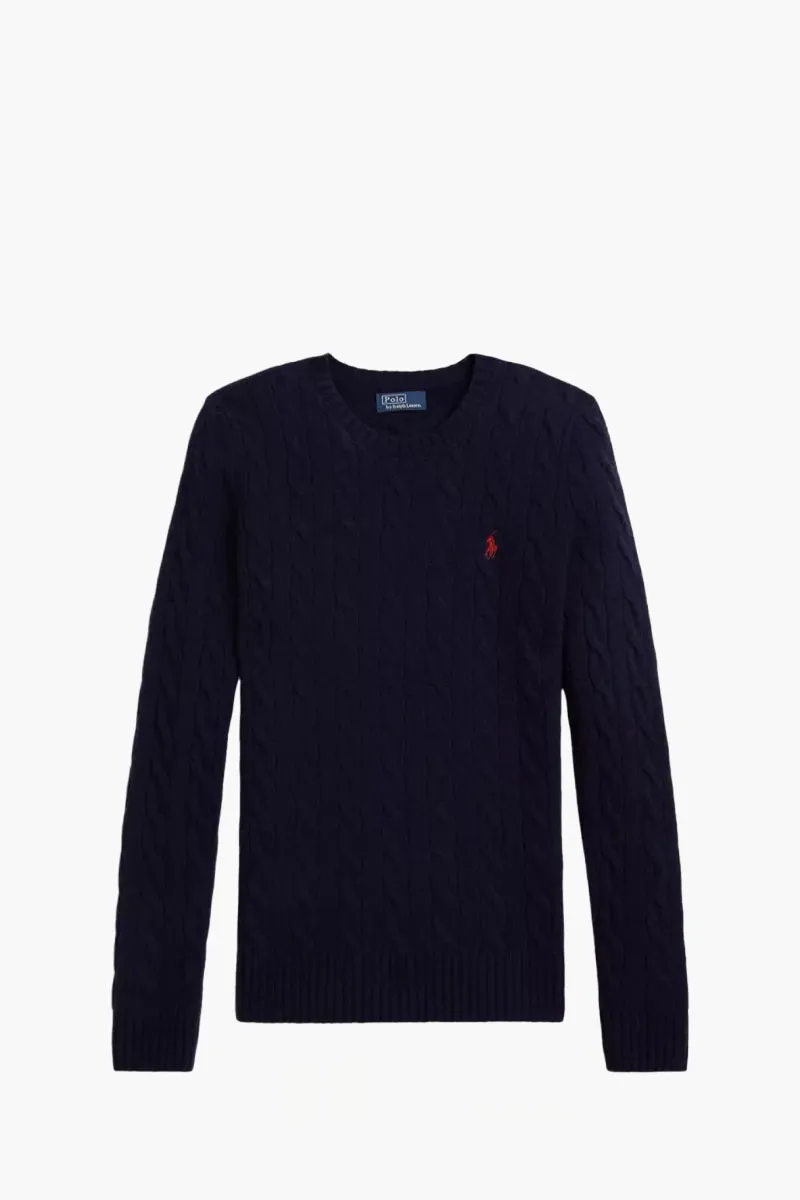 POLO RALPH LAUREN Women Logo Cable Knit Sweater in Navy Blue/Red Wool
