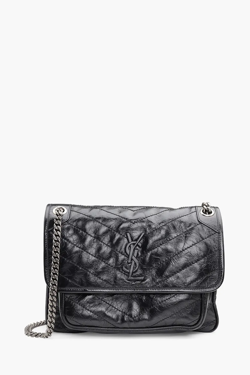 SAINT LAURENT Medium Monogramme Niki Shoulder Bag in Black Grained RHW