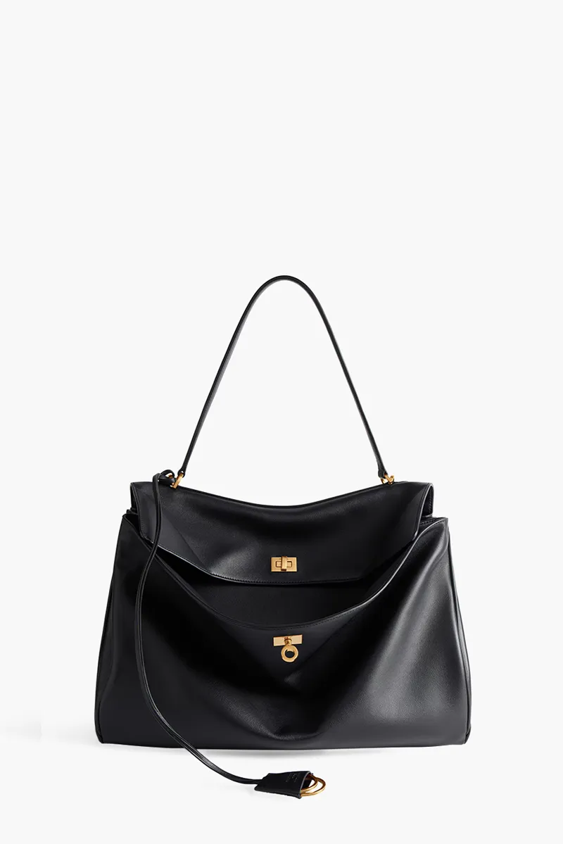 BALENCIAGA Large Rodeo Handbag in Black Smooth Calfskin
