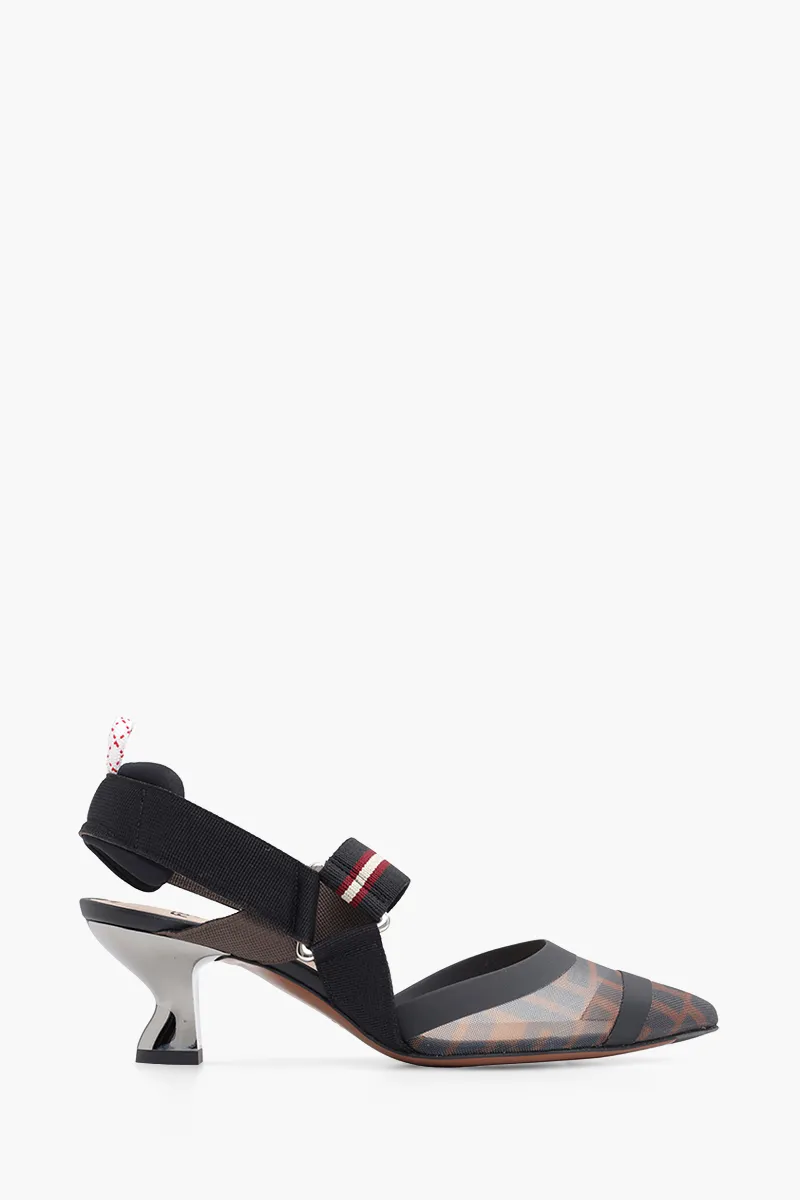 FENDI Tulle Slingback Pumps 55mm in Black/Brown FF Logo Pattern