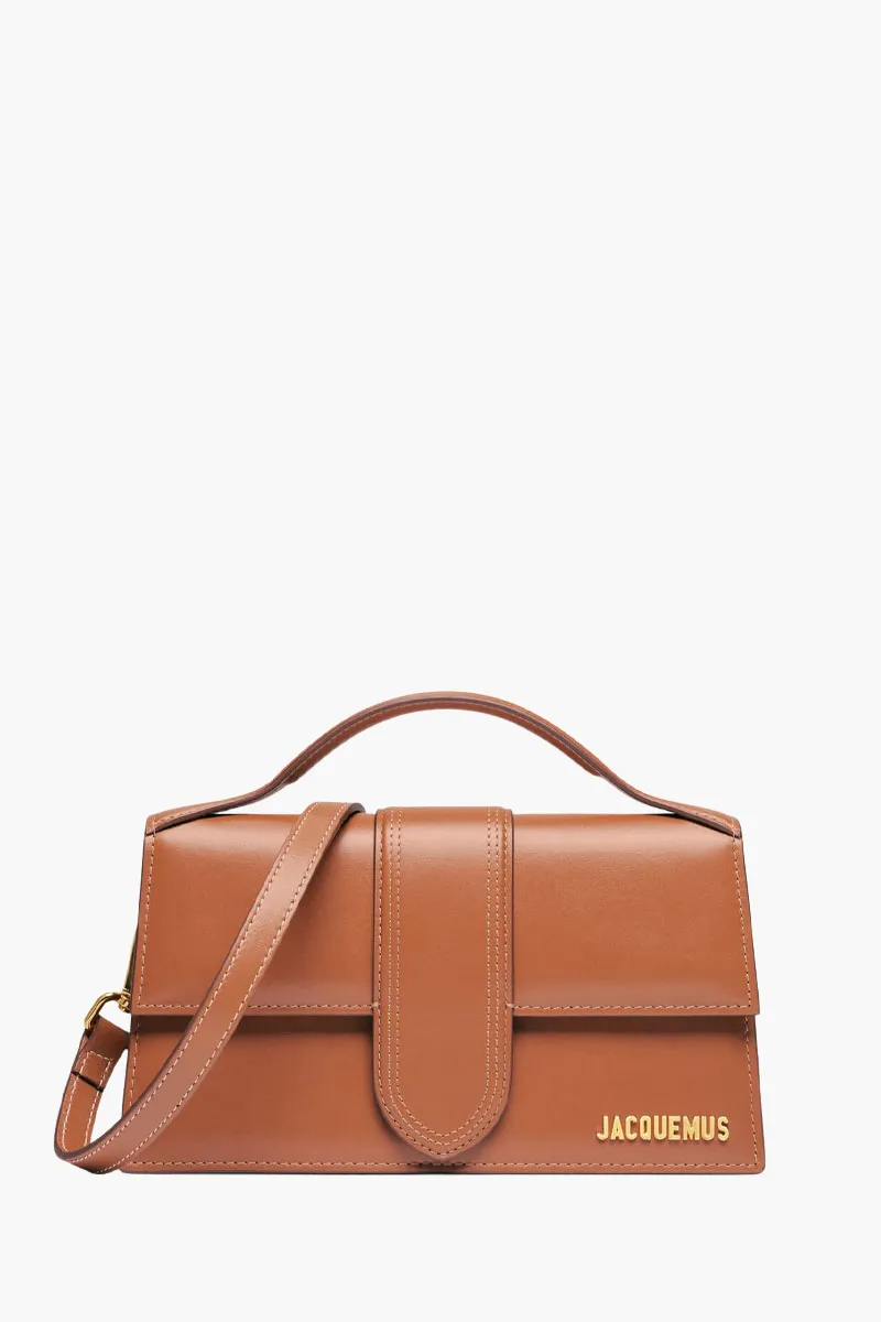 JACQUEMUS Le Grand Bambino Flap Crossbody Bag in Light Brown/Gold Smooth Leather