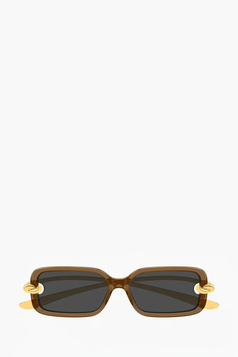 BOTTEGA VENETA Knot Rectangular Sunglasses in Brown/Gold/Grey Acetate Metal