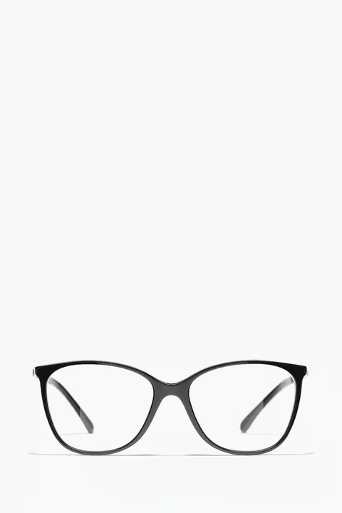 CHANEL Square Eyeglasses in Black/Transparent Metal x Calfskin