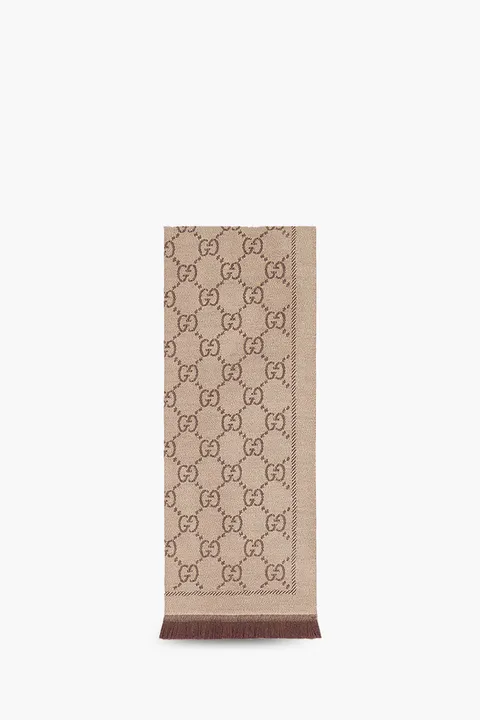 GUCCI GG Jacquard Knitted Scarf in Light Brown