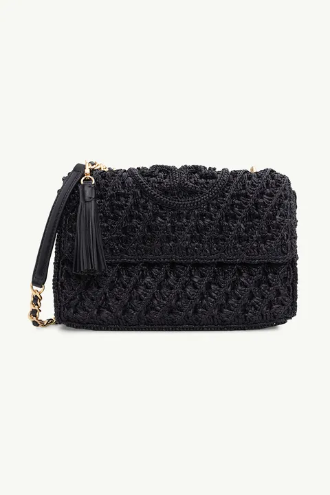 TORY BURCH Fleming Raffia Convertible Shoulder Bag in Black with Rolled Brass Hardware