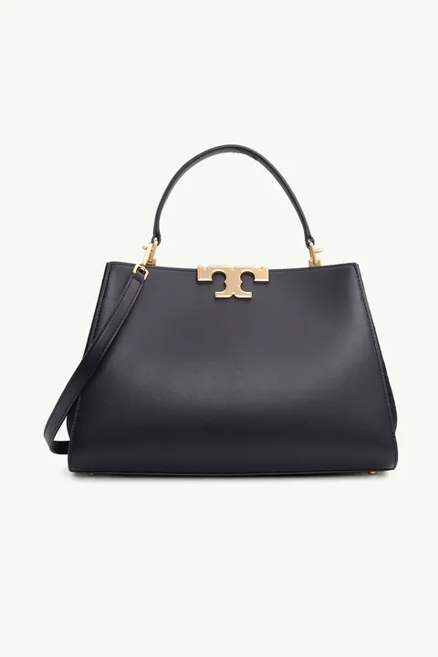 TORY BURCH Eleanor Spazzolato Satchel Bag in Black with Brass Hardware