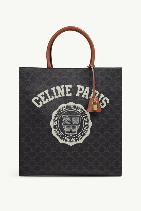 CELINE Vertical Cabas in Black/Tan Canvas with Shetland Logo Pattern