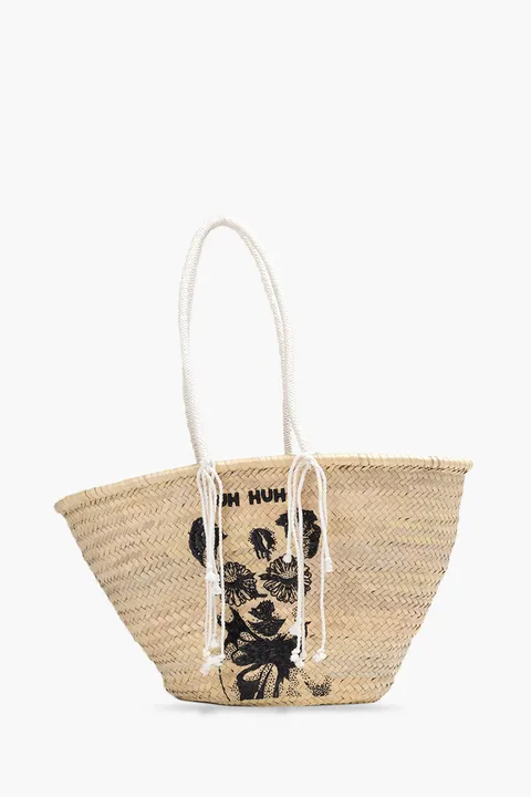 CELINE Large Basket Bag in Natural Raffia with Carlos Valencia 'UH HUH' Embroidery