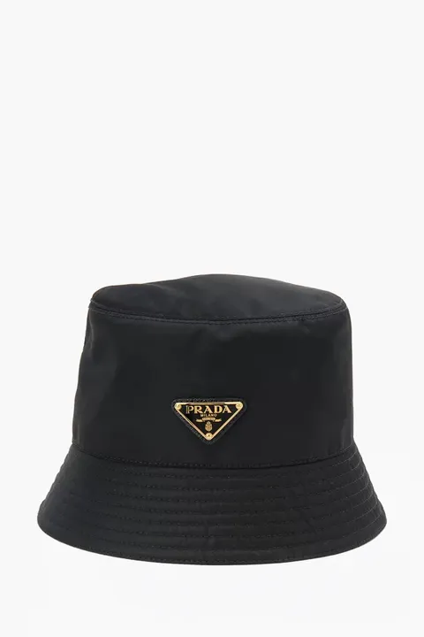 PRADA Triangle Logo Bucket Hat in Black/Gold Re-Nylon