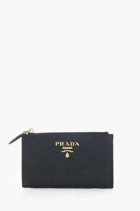 PRADA Logo Plaque Card Holder in Black Saffiano Leather