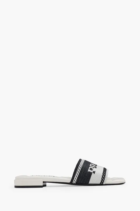 PRADA Women Embroidered Lettering Logo Slides in Black/Chalk White with Quilted Sole