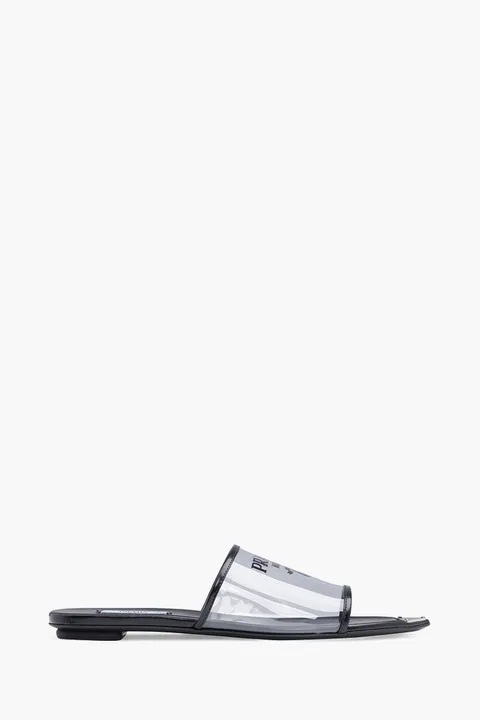 PRADA Women Logo Print Plexiglas Flat Slides in Black with Triangle Logo on Sole