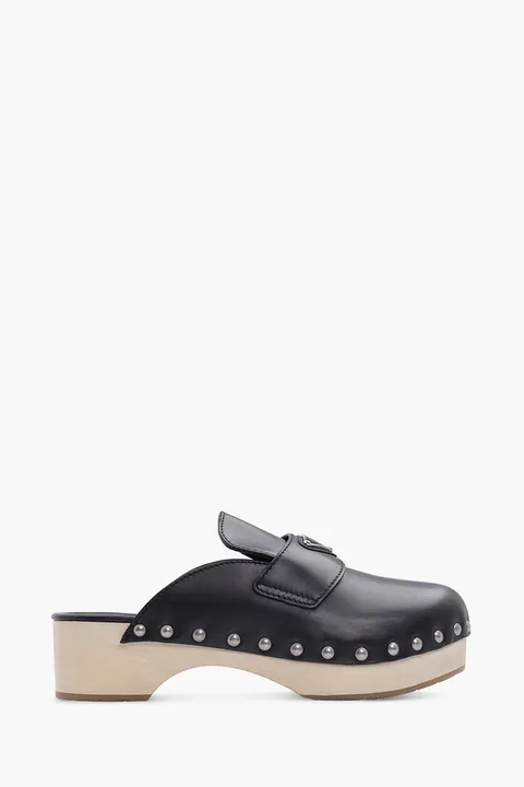 PRADA Women Triangle Logo Studded Slides 45mm in Black/Beige Leather Clogs
