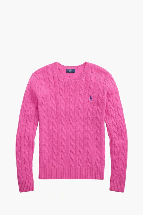 POLO RALPH LAUREN Women Logo Cable Knit Sweater in Pink/Navy Blue Wool