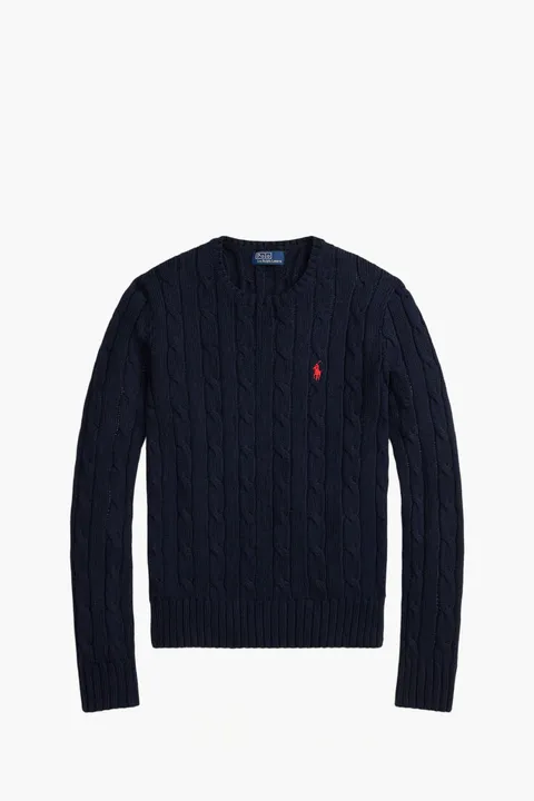 POLO RALPH LAUREN Women Embroidered Logo Crew Neck Sweater in Navy Blue Cable-Knit Cotton