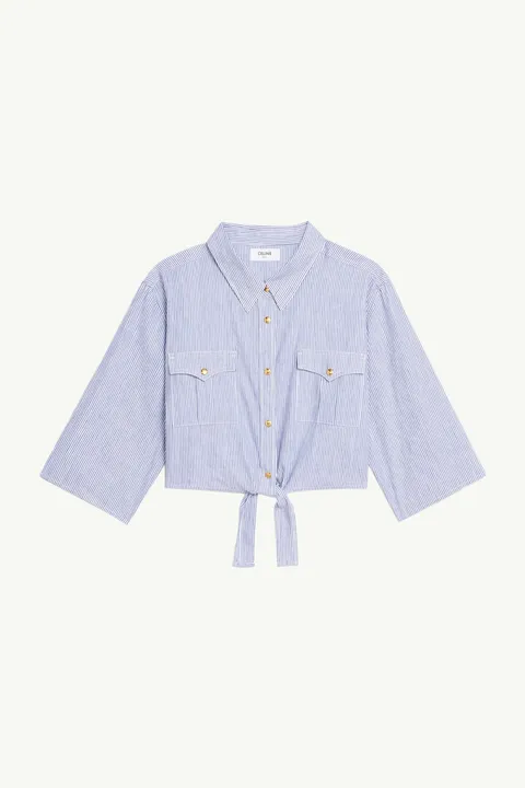 CELINE Women Knotted Crop Shirt in Blanc/Marine Linen x Cotton with T Sleeves