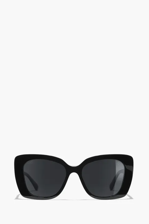 CHANEL Square Sunglasses in Black/Grey/Polarized Acetate with Rhinestone Logo