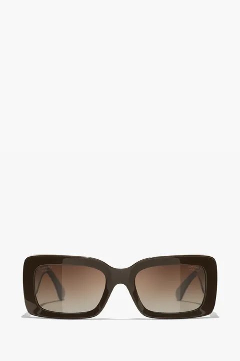 CHANEL Rectangular Sunglasses in Dark Taupe/Brown/Gold Acetate and Metal