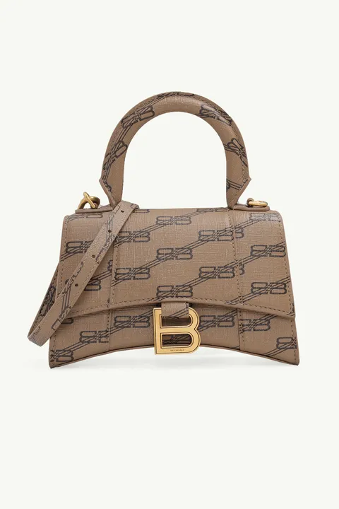 BALENCIAGA Hourglass Top Handle XS in Beige/Brown BB Monogram Coated Canvas GHW