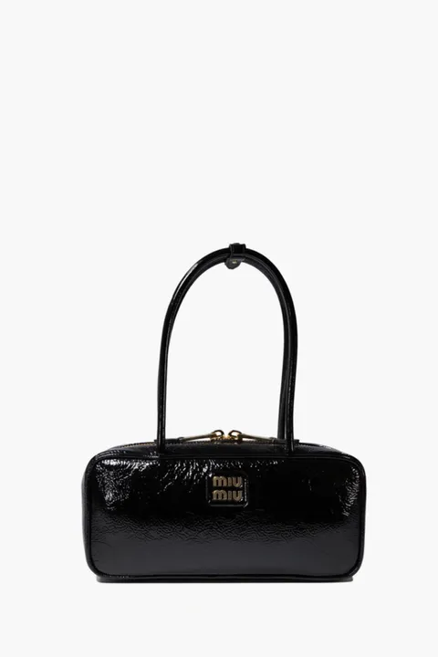 MIU MIU Beau Top Handle Bag in Black Naplak Patent Leather GHW