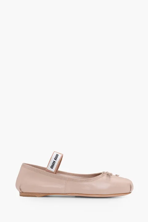 MIU MIU Bow Elastic Band Ballerina in Water Lily Leather with Logo