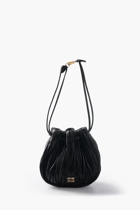 MIU MIU Drawtring Pouch in Black Quilted Nappa Leather