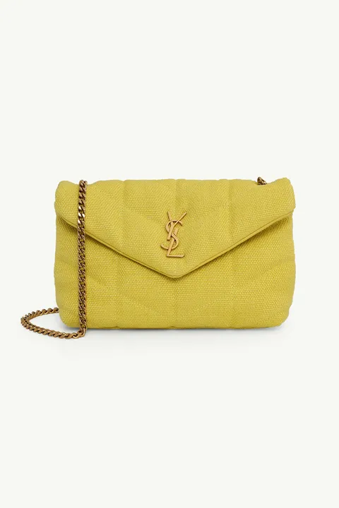 SAINT LAURENT Puffer Toy Shoulder Bag in Lemon Pie Canvas x Smooth Leather with Bronze Hardware