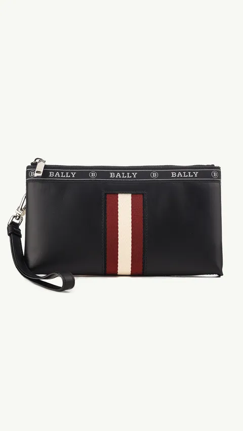 BALLY Beryer Phone Wallet in Black Bovine Leather with Red/White Stripe