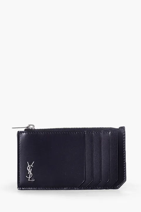 SAINT LAURENT Tiny Monogram Zipped Card Case in Black Matte Calf Leather SHW