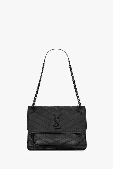 SAINT LAURENT Medium Monogram Niki Shoulder Bag in Black Vintage Crinkled Leather BHW