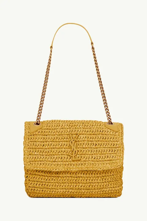 SAINT LAURENT Medium Monogram Niki Shoulder Bag in Yellow Raffia x Leather with Bronze Hardware