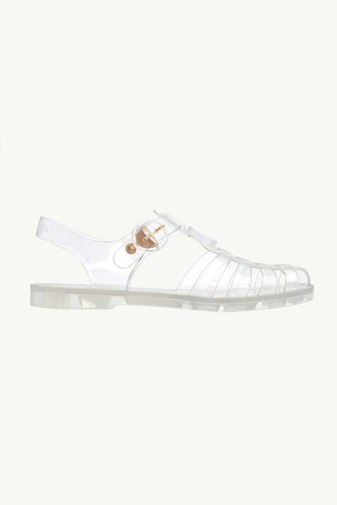 GUCCI Women GG Ankle Buckle Flat Sandals in Transparent Rubber
