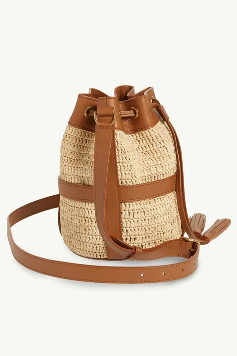 SAINT LAURENT Drawstring Bucket Bag in Natural/Brown Raffia x Calfskin