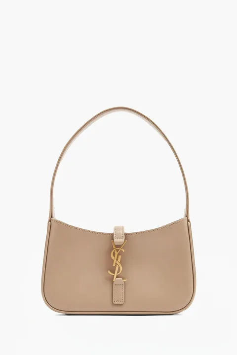 SAINT LAURENT Mini Le 5 A 7 Hobo Bag in Dark Beige Smooth Leather Bronze Hardware
