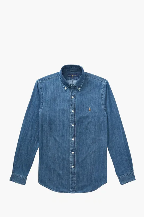 POLO RALPH LAUREN Men Logo Long-Sleeve Slim Fit Shirt in Denim Cotton