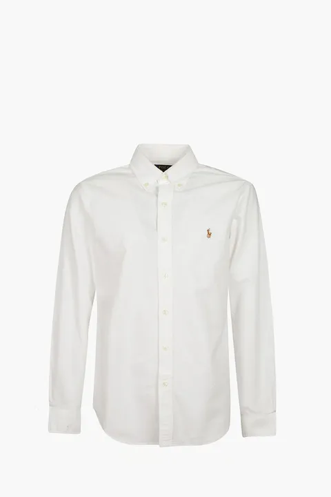 POLO RALPH LAUREN Men Oxford Custom Fit Long Sleeves Shirt in White/Brown Cotton