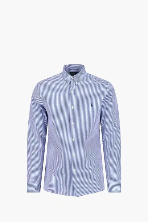 POLO RALPH LAUREN Men Logo Stretch Poplin Shirt in Blue/White Cotton