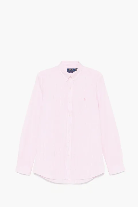 POLO RALPH LAUREN Men Striped Stretch Poplin Shirt in Camel Pink/White Cotton