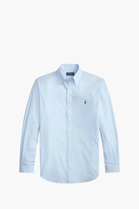 POLO RALPH LAUREN Men Stretch Custom Fit Poplin Shirt in Cabana Blue White Cotton