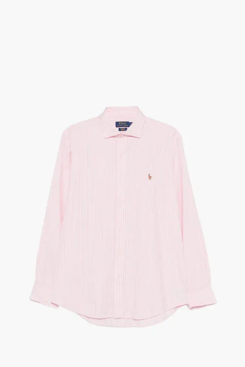POLO RALPH LAUREN Men Striped Stretch Custom Fit Oxford Shirt in Pink/White Cotton