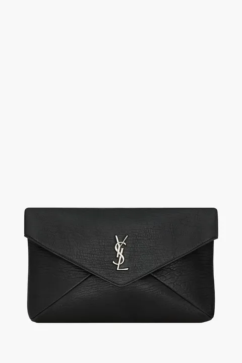 SAINT LAURENT Large Cassandre Envelope Clutch Bag in Black SHW Textured Lambskin