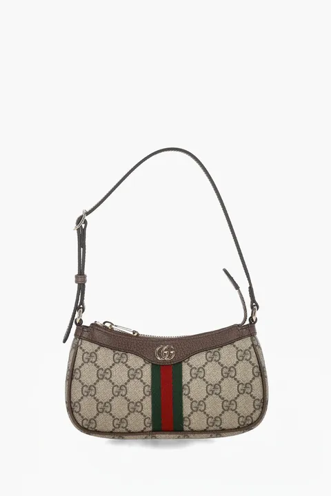 GUCCI Mini GG Ophidia Shoulder Bag in Beige/Dark Brown GG Monogram Coated Fabric