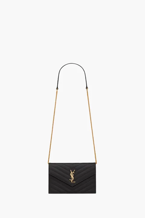 SAINT LAURENT Cassandre Envelope Wallet On Chain 19cm in Black Caviar Leather GHW