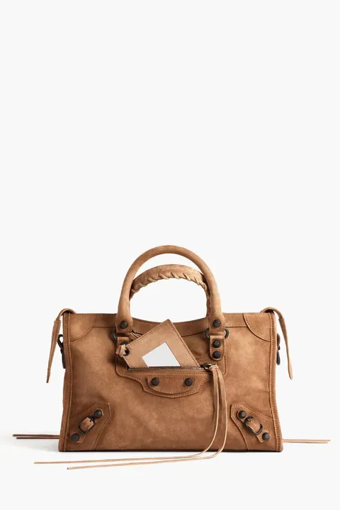 BALENCIAGA Small Le City Bag in Camel Suede Calfskin Brass Hardware